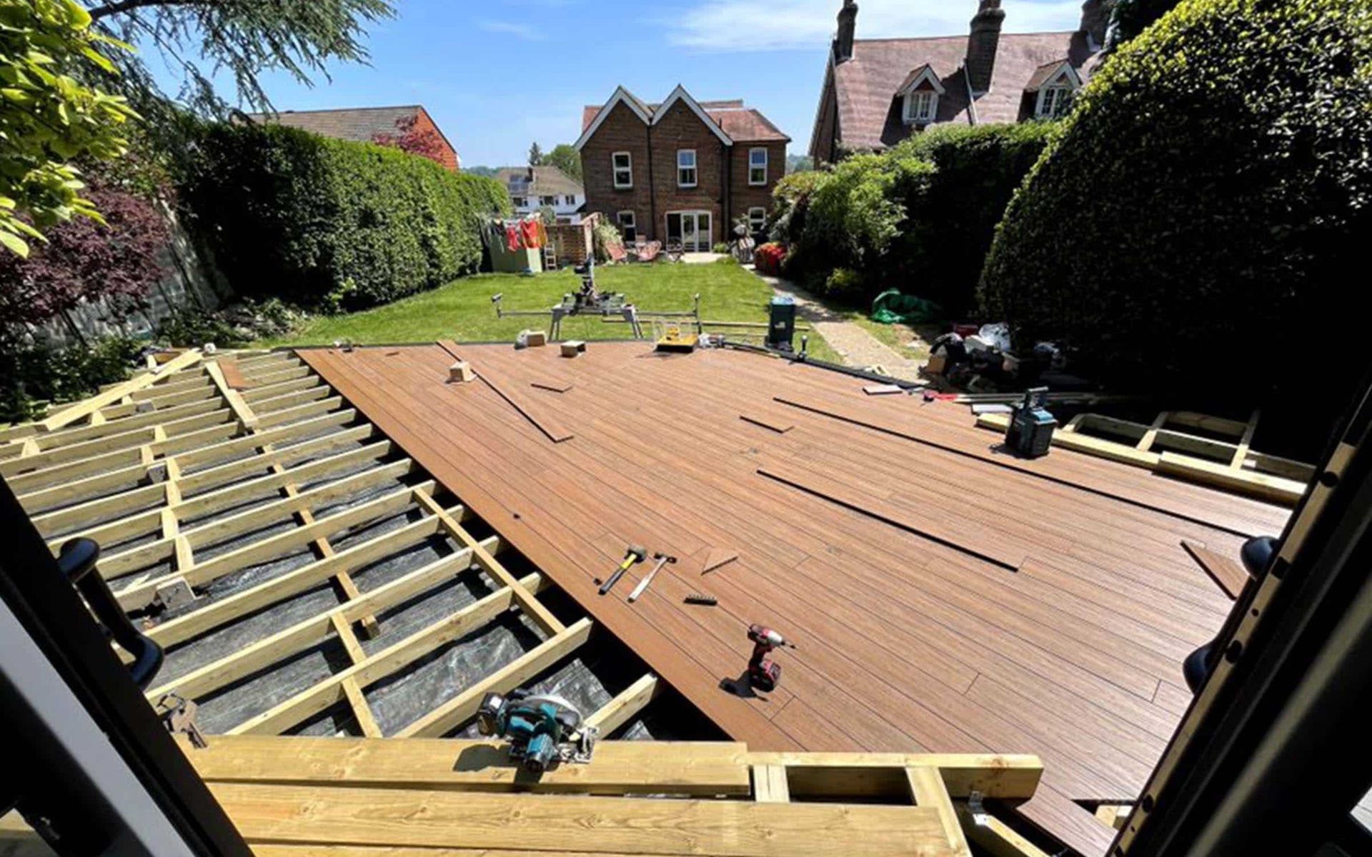 Deck construction in backyard