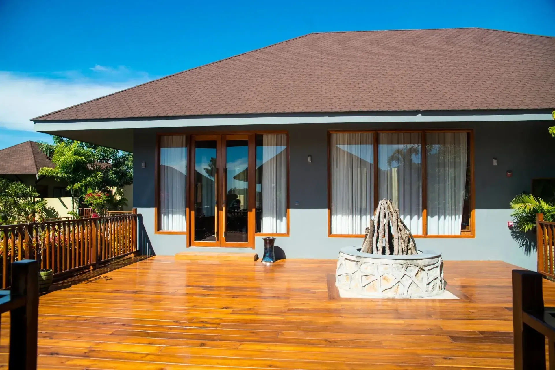 Wooden Stained Deck with Fireplace