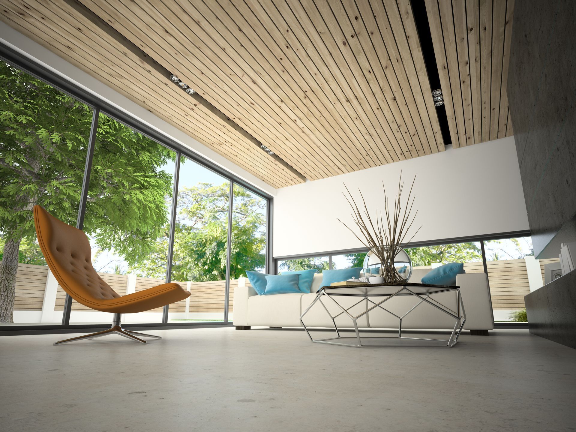 Modern living room with a large window, featuring a chair, sofa, and coffee table.