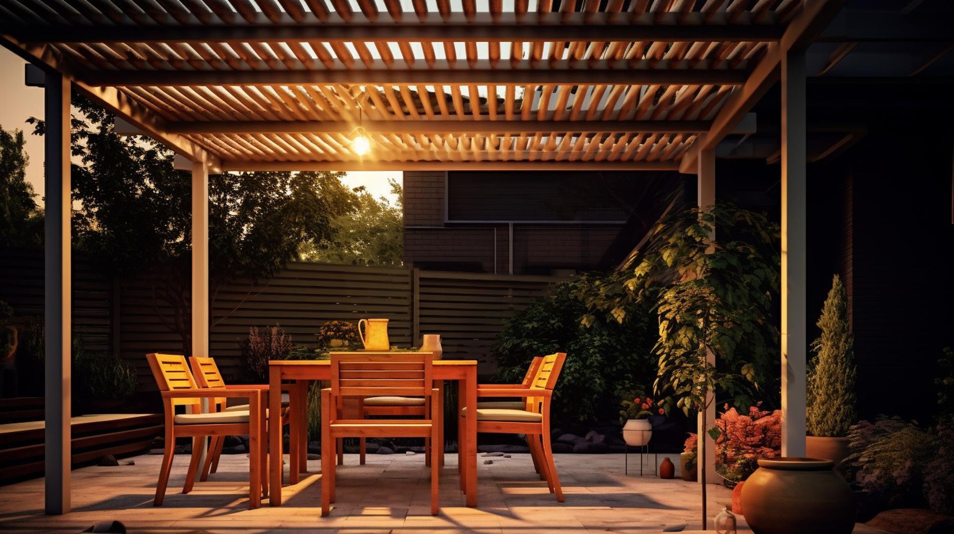 Wooden outdoor dining set under a pergola, with sunlight.