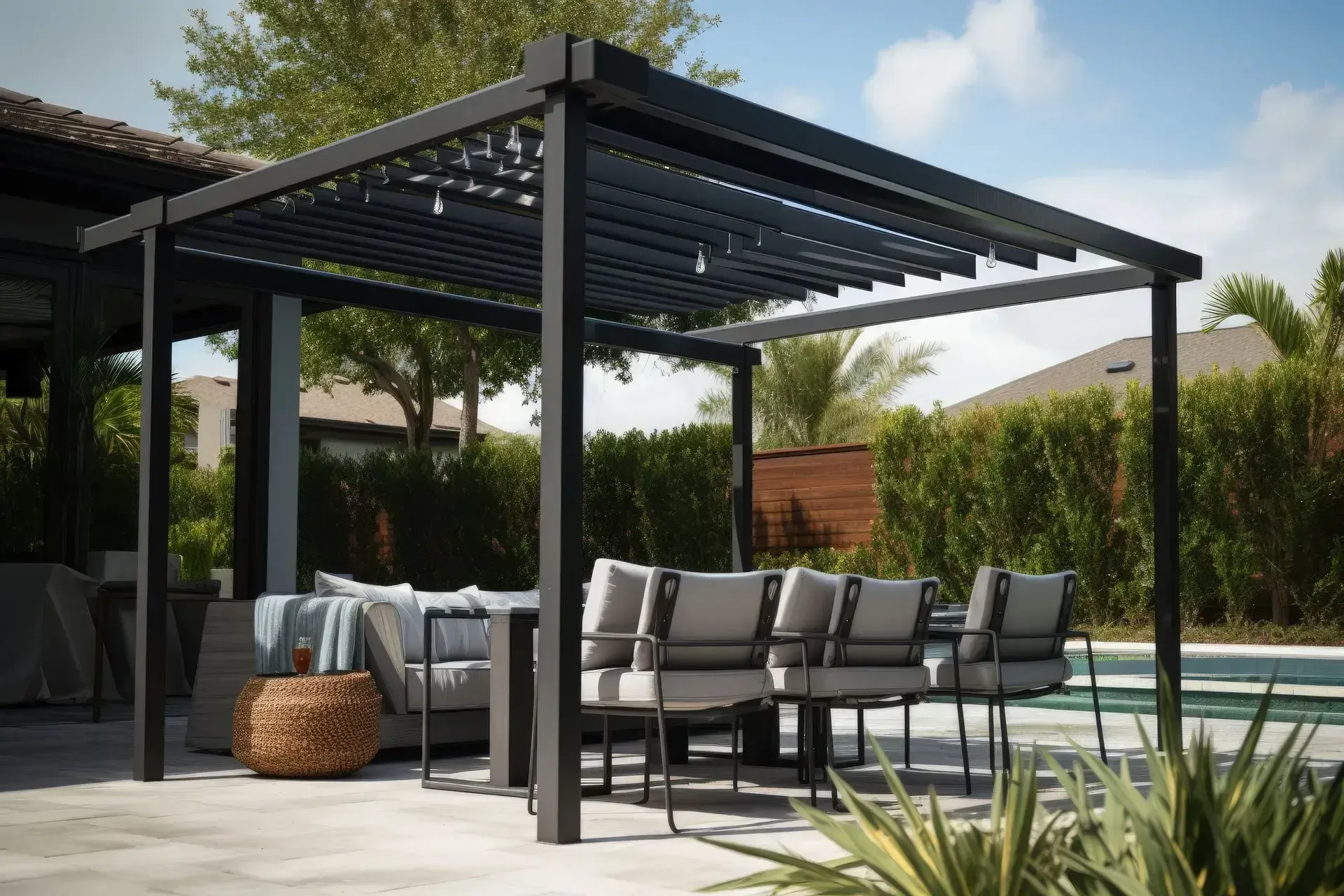 Black pergola over outdoor seating by a pool.