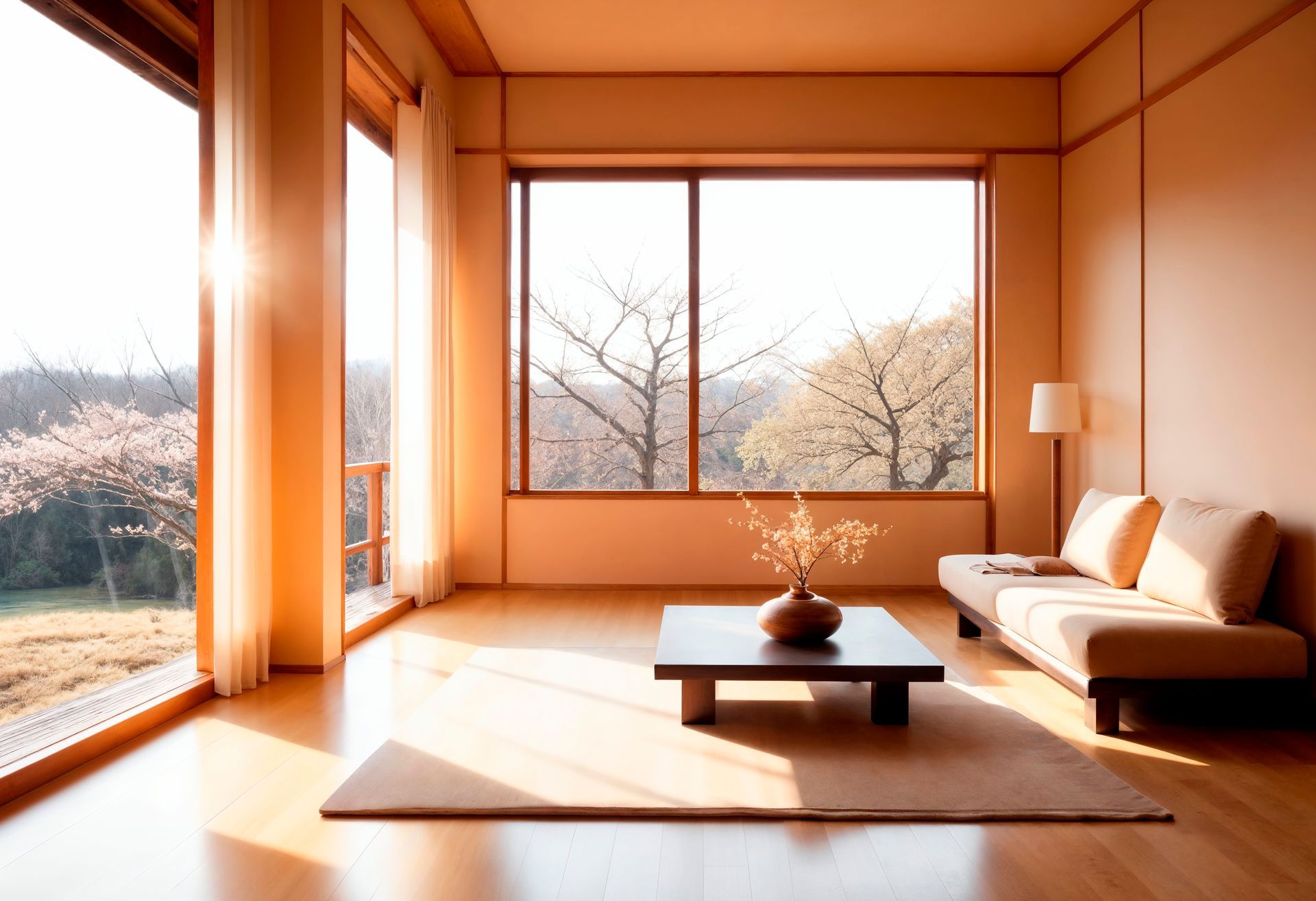 Minimalist sunlit Japanese-style living room with floor cushions, low table, and large windows overlooking trees