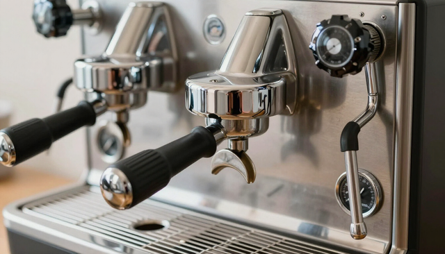 Macchina da caffè espresso professionale a due gruppi, realizzata in acciaio inox lucidato e dotata di due portafiltri.