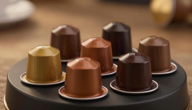 Un assortimento di sette capsule di caffè Nespresso in tonalità metalliche di oro, rame e marrone, disposte su un supporto circolare scuro.