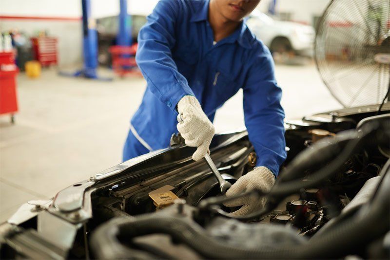 A team of professional car mechanics performing car repairs.