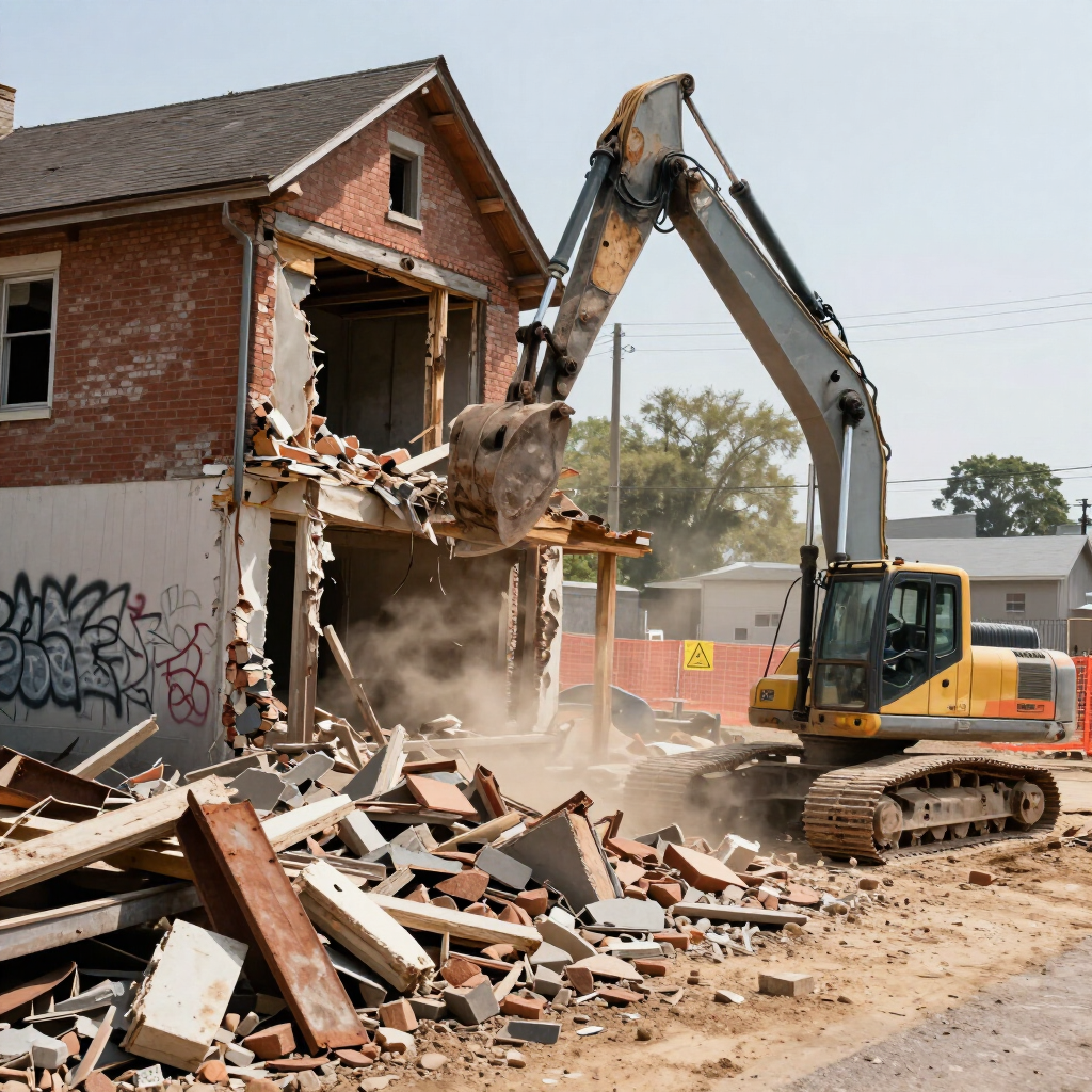 Excavator demolishing a brick house, with rubble and dust spilling onto the ground.
