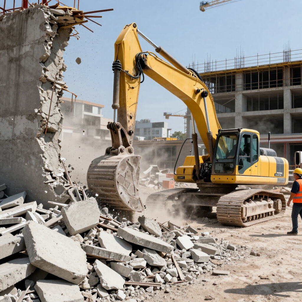 Yellow excavator demolishing a concrete wall amid rubble at a construction site