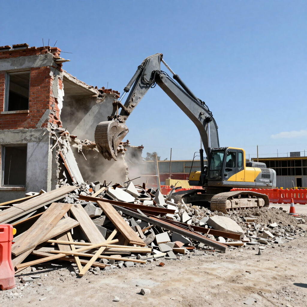 Excavator demolishing a partially collapsed brick building amid rubble under a clear blue sky