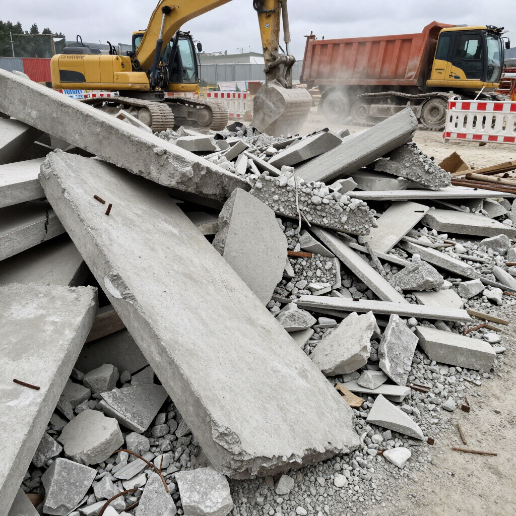 Demolition site with excavator, dump truck, and piles of broken concrete debris