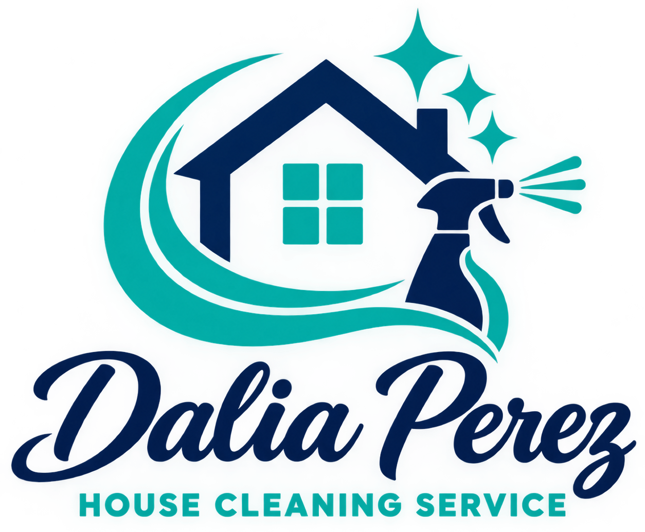 Dalia Perez house cleaning service logo with blue house, teal spray bottle, and sparkles