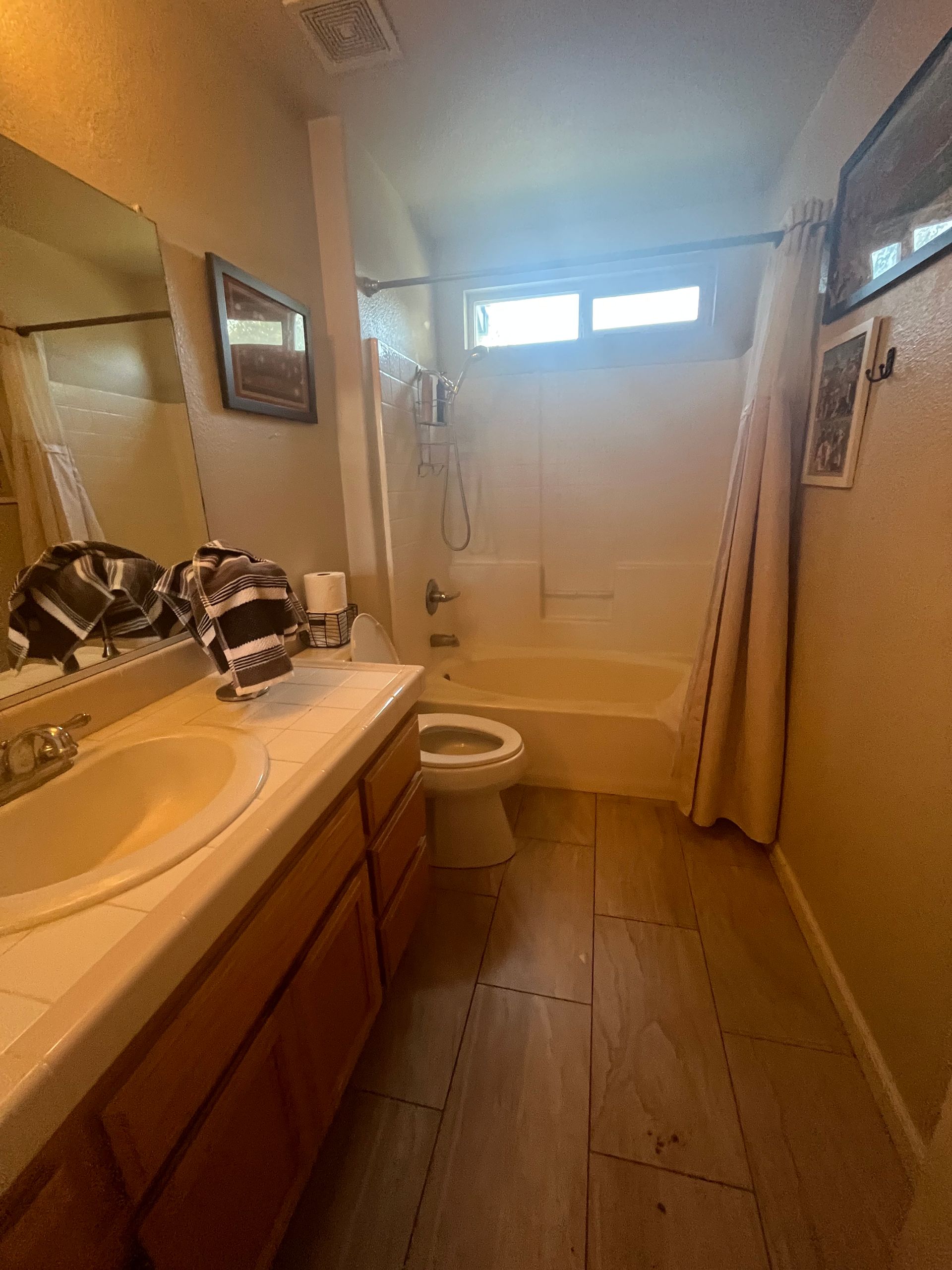 Narrow bathroom with beige walls, vanity sink, toilet, bathtub, and shower curtain.
