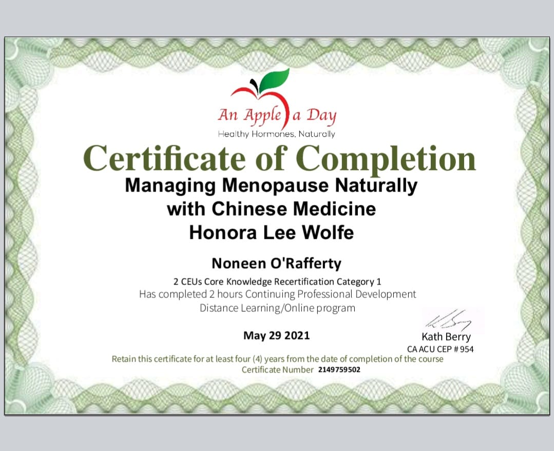 Certificate of completion for Honora Lee Wolfe, managing menopause naturally with Chinese medicine.