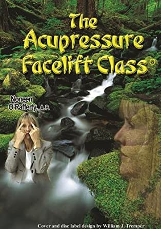 Book cover: woman performing acupressure facial, overlayed on nature scene with stream.