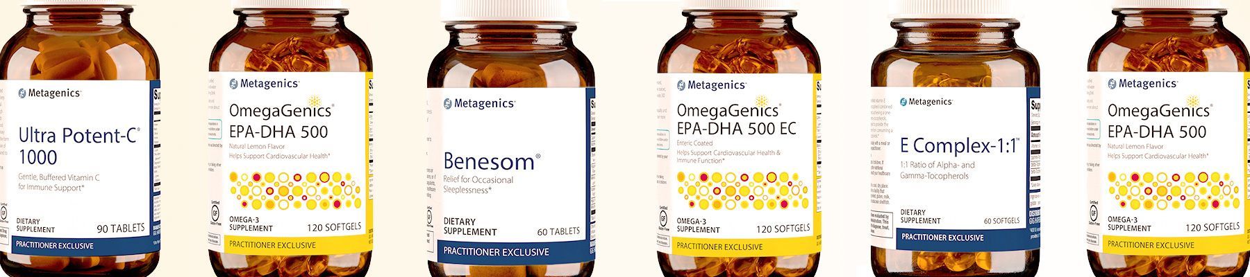 Six brown supplement bottles with white and yellow labels.