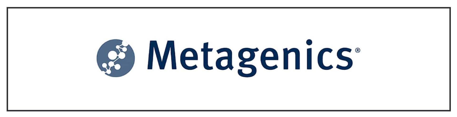 Metagenics logo in a white box. The logo has a dark blue graphic and text.