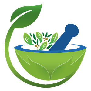 Green mortar and pestle with a sprig of leaves, for herbal remedies.