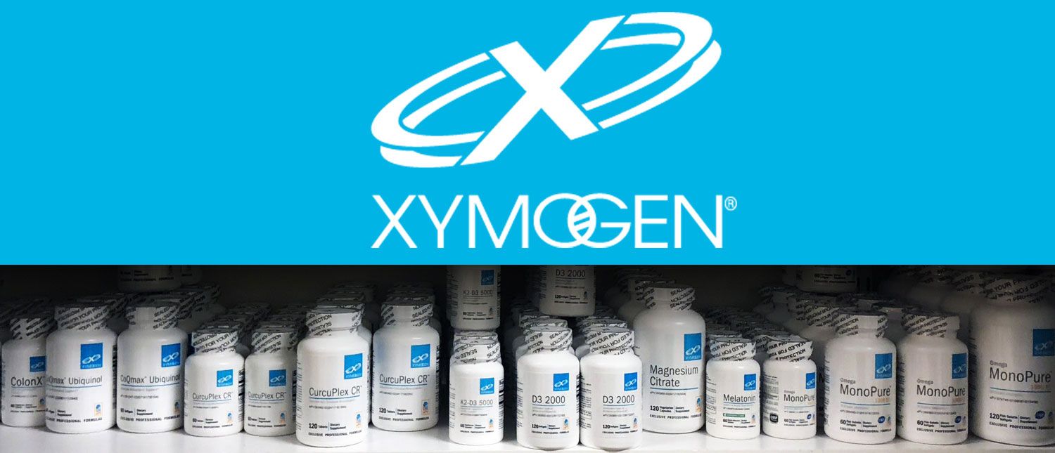 Xymogen logo above a shelf of white supplement bottles with blue labels.
