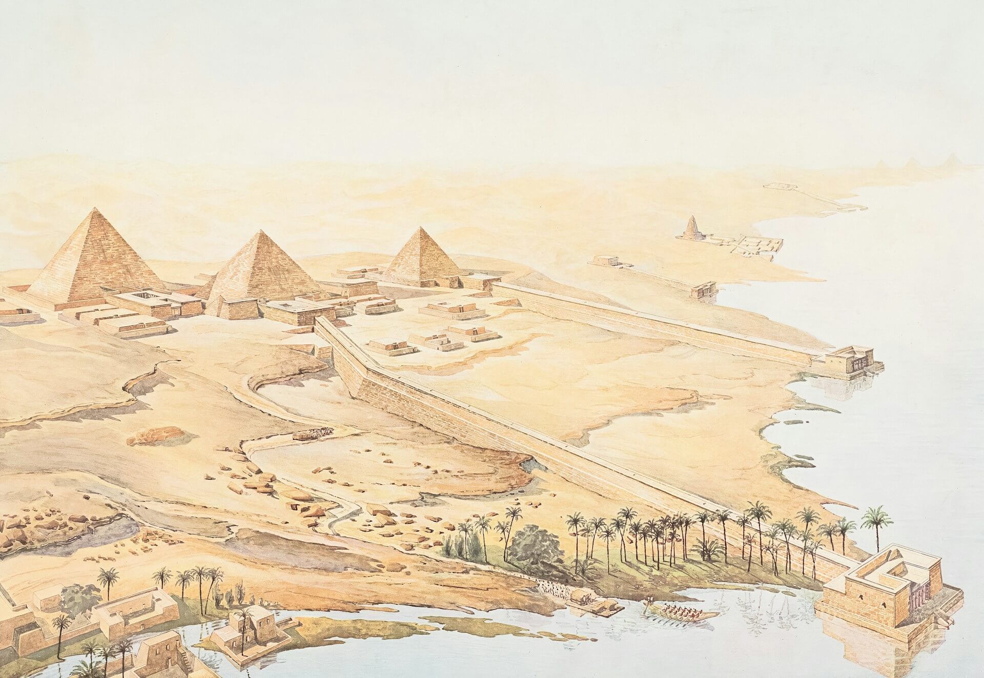 Illustration of ancient Egypt with pyramids and waterways, showing early geometry origin
