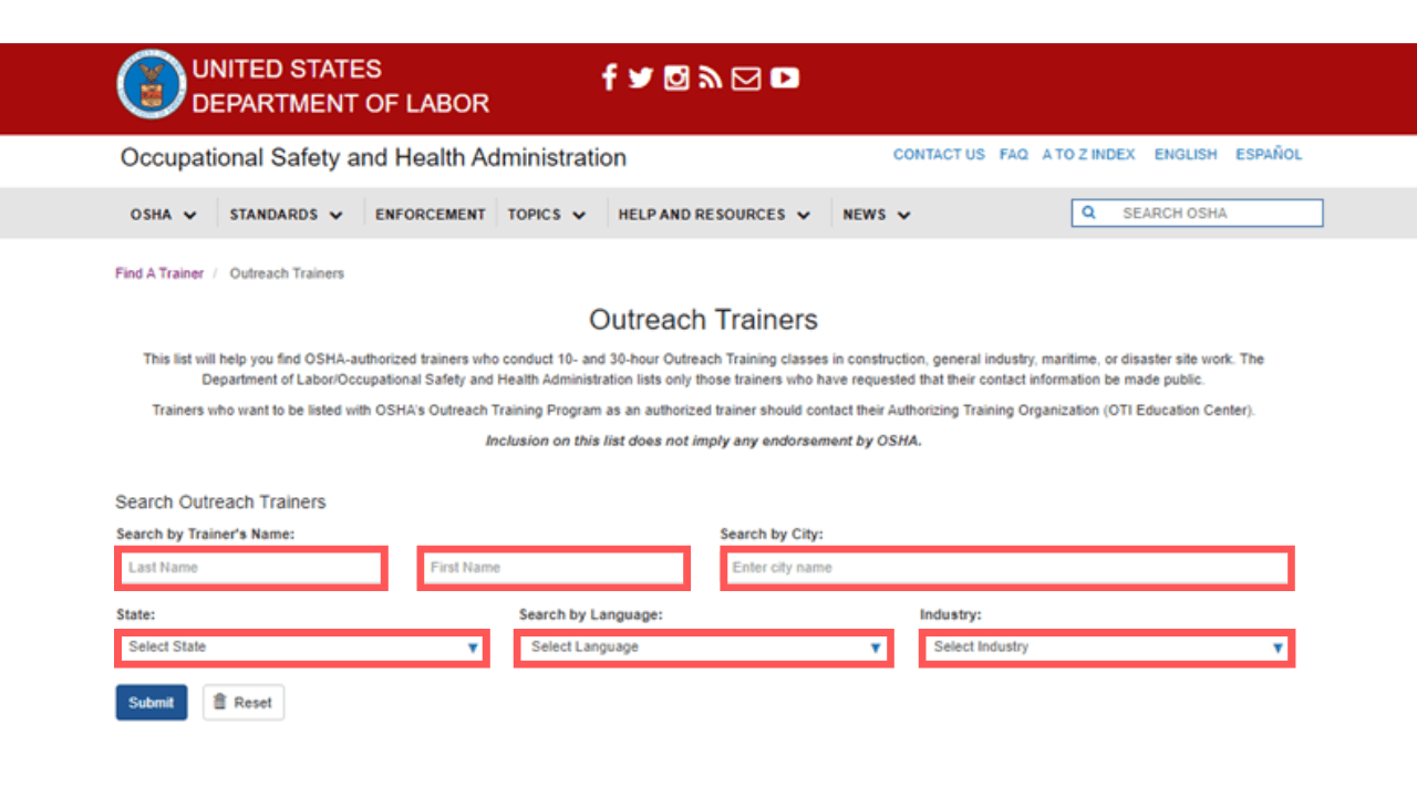 Find OSHA Outreach Trainer