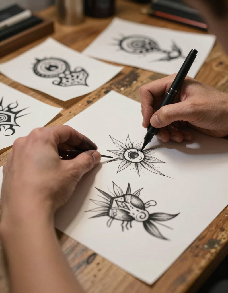 Hands sketching tattoo designs on white paper at a wooden desk