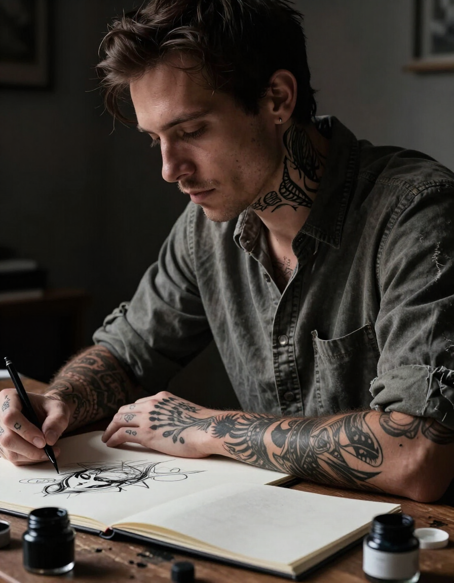 Person sketching tattoos on paper at a desk, with ink bottles and a notebook nearby.