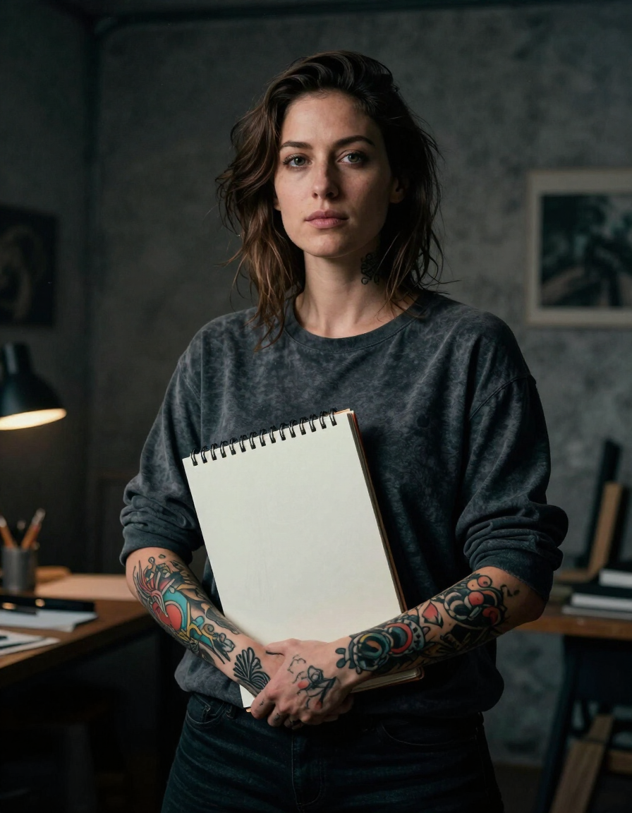 Tattooed person holding a sketchbook in a dim studio, facing the camera.