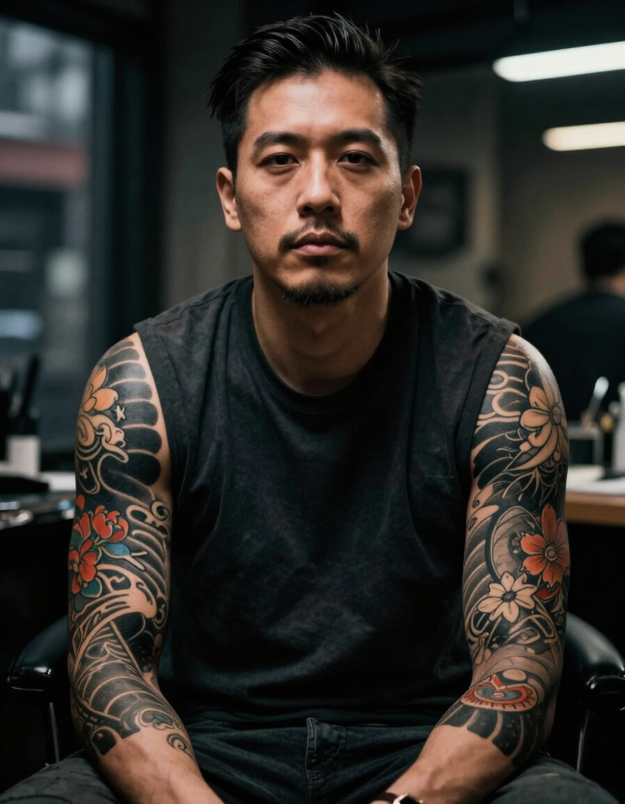 Tattooed man seated in a dim barbershop, wearing a black sleeveless shirt, looking at the camera.