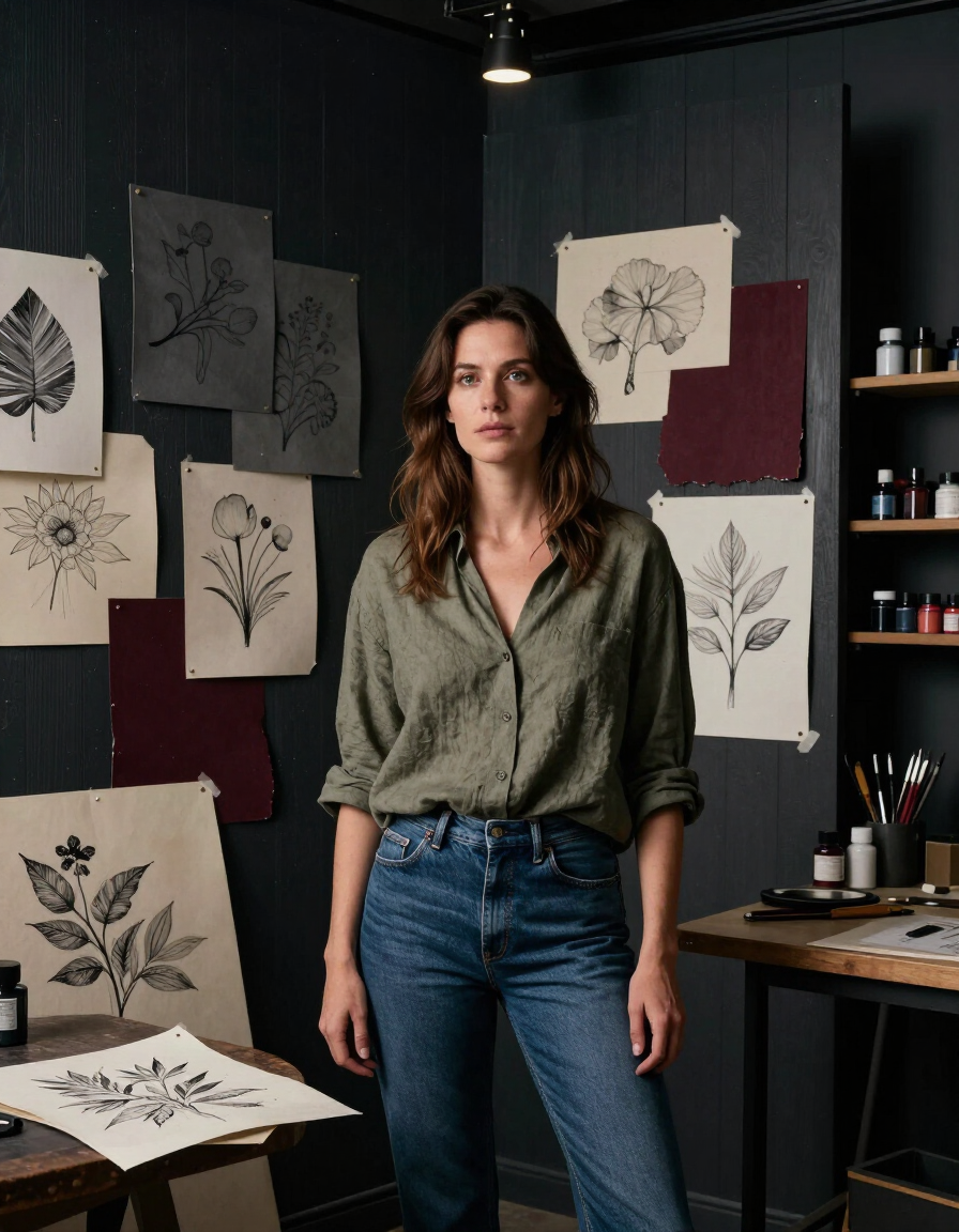 Artist standing in a studio with botanical sketches pinned on the walls and drawings on the table.