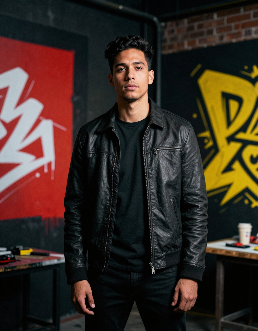 Man in black jacket standing in a studio with red and yellow graffiti wall art
