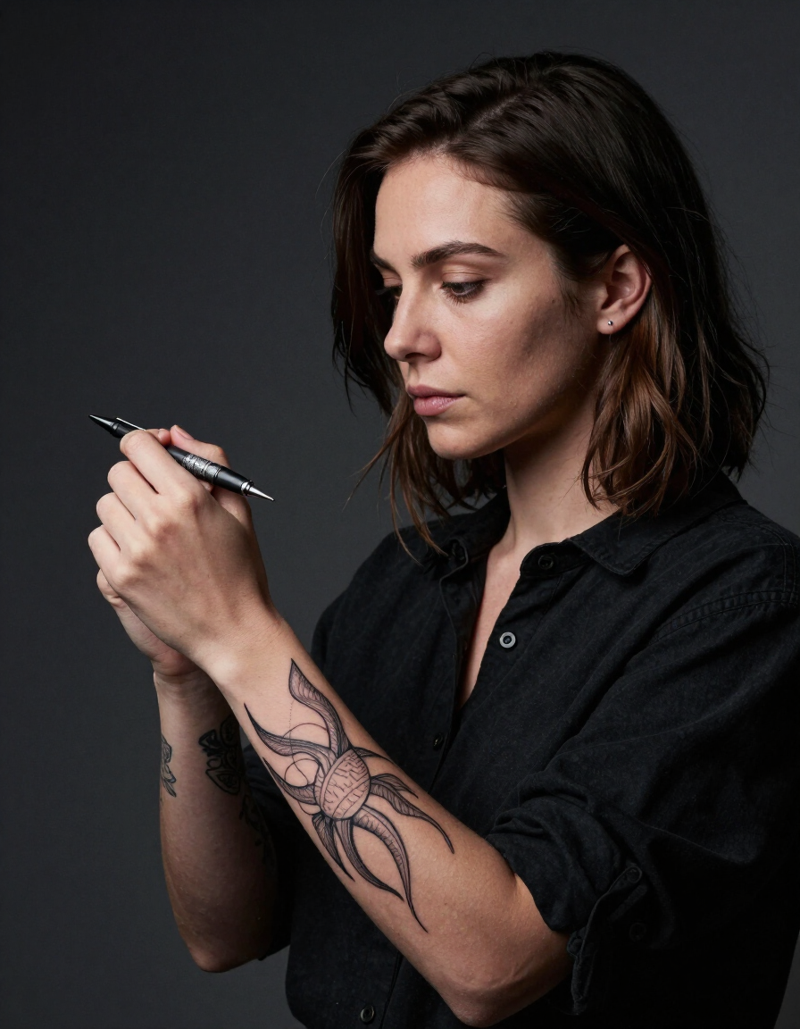 Woman in a black shirt concentrating while drawing on her forearm with a stylus against a dark background
