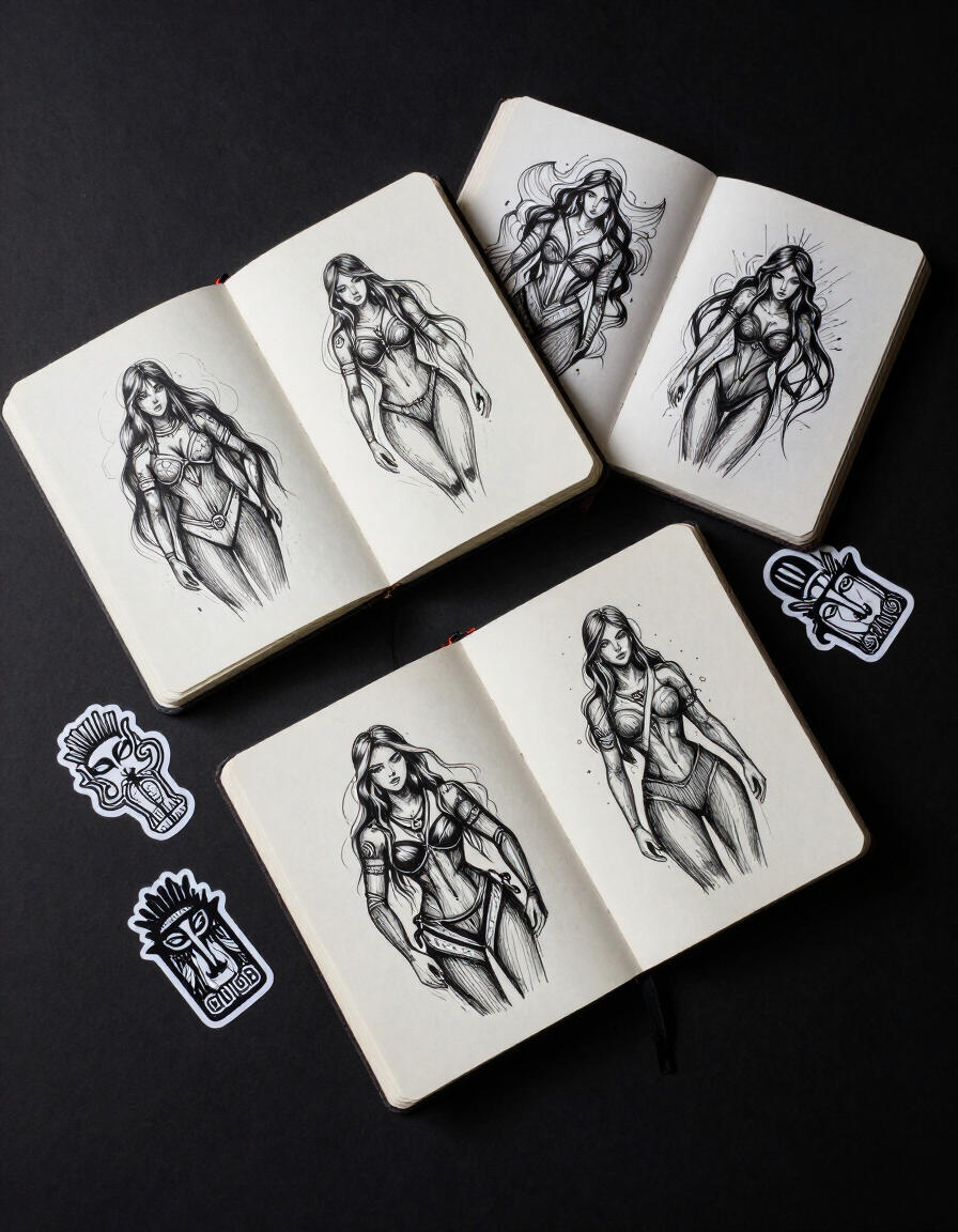 Stacked sketchbooks with black-and-white figure drawings on a dark background; small illustrated stickers nearby