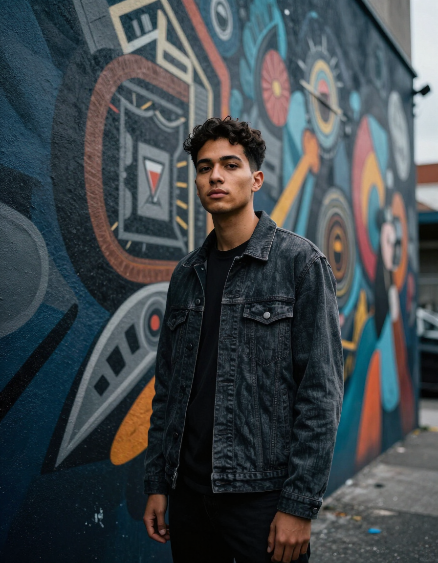 Person standing in front of a colorful mural on an urban street