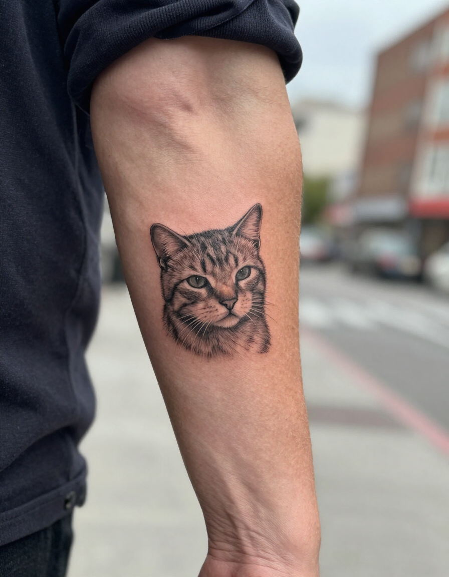 Arm with a black linework cat tattoo on the forearm, set against a blurred city street background