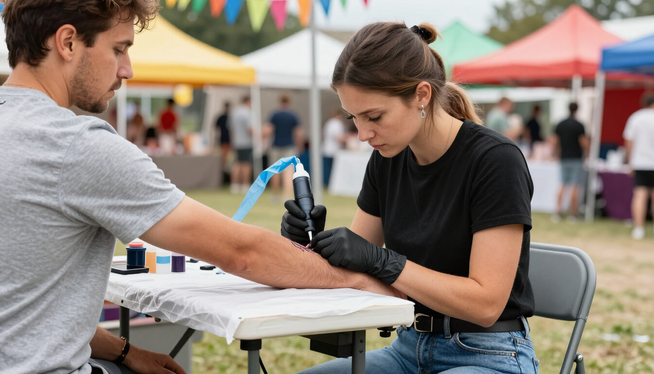 Mobile professional applying a temporary tattoo at a festival