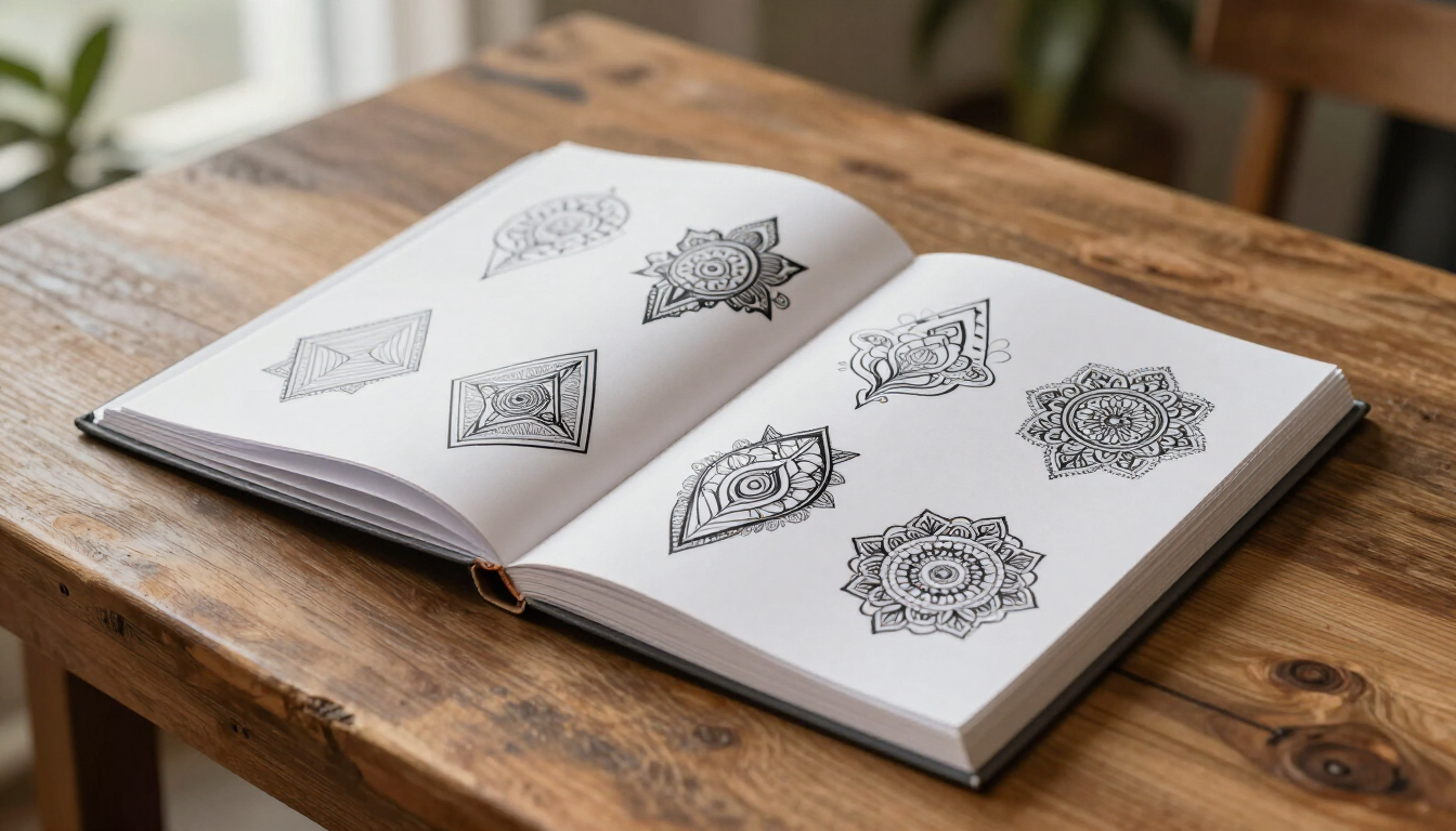 A stylish display of semi-permanent tattoo designs on a wooden table