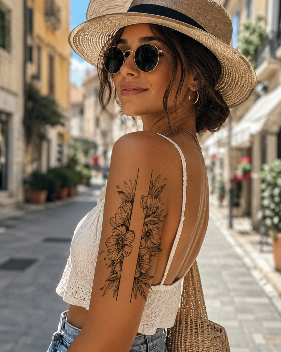 Woman in a straw hat and sunglasses posing on a sunlit street, showing a floral arm tattoo.