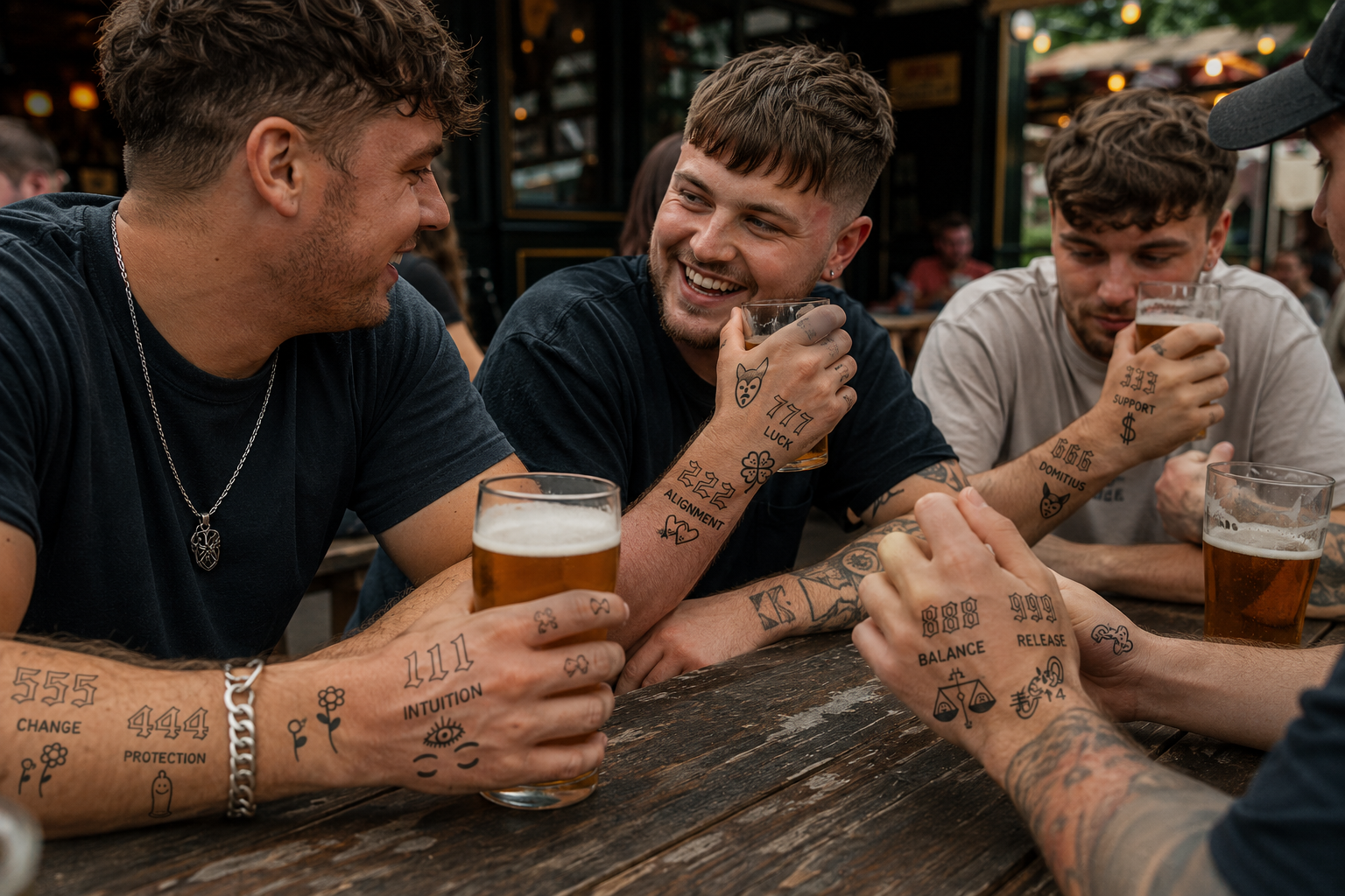 Friends laughing together at an outdoor table, sharing beers and chatting over their tattooed arms.
