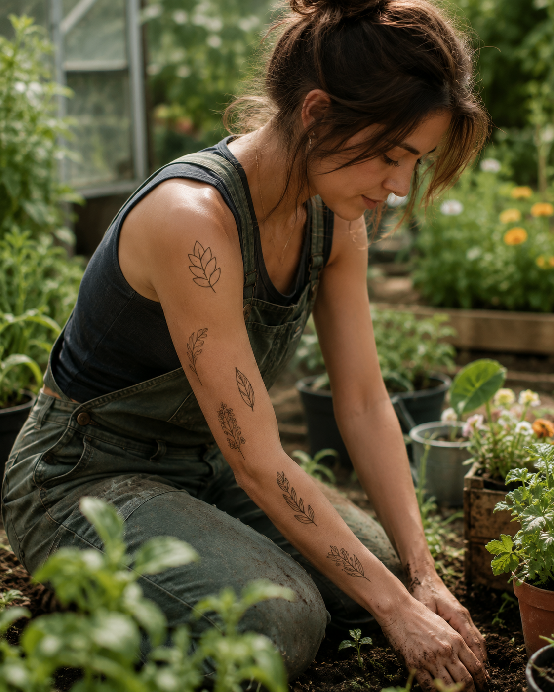 Person kneels in a garden, planting seedlings in soil among potted plants and greenery.