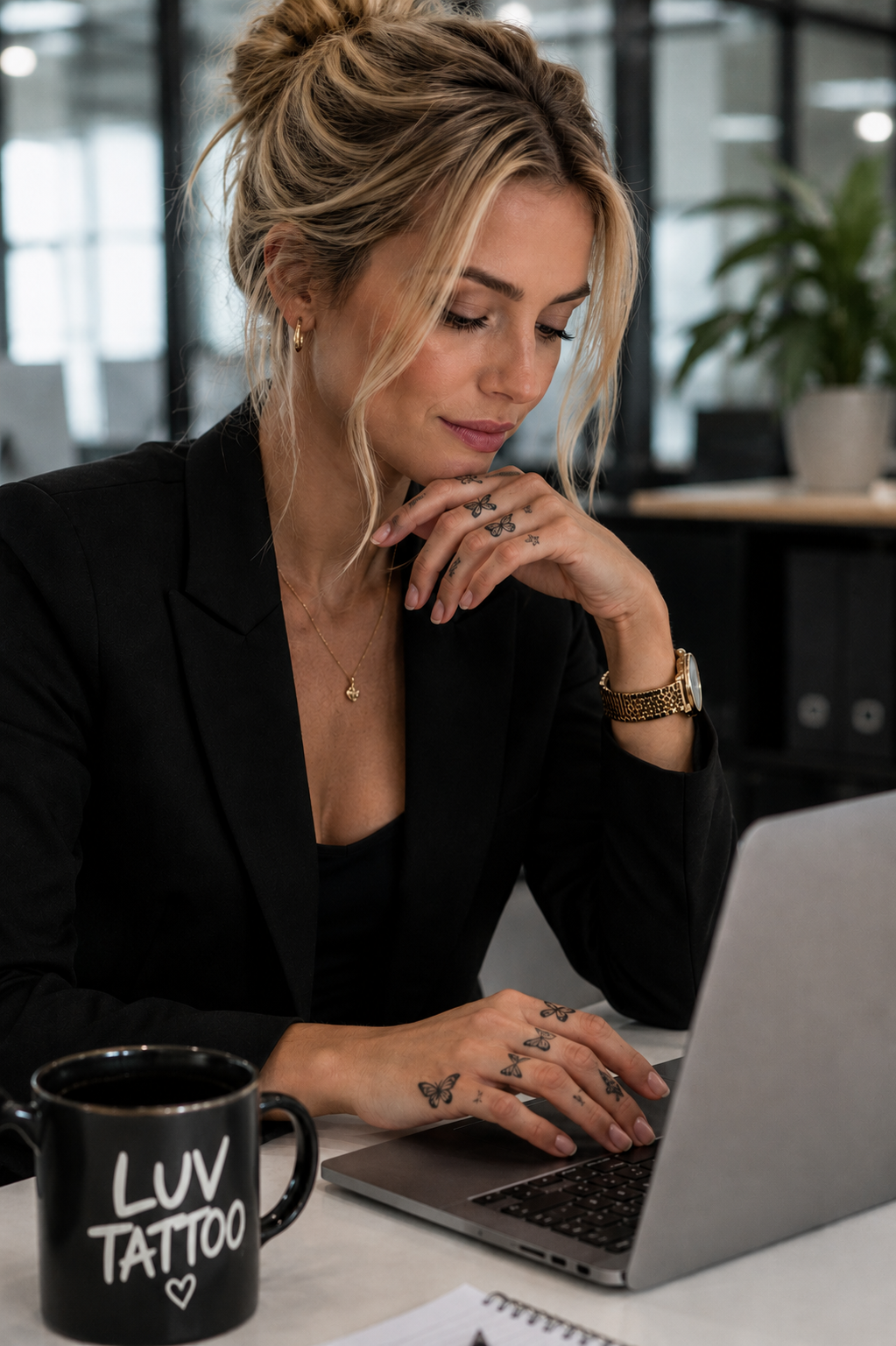 Woman working on a laptop in an office, with a black mug and flowers on the table.