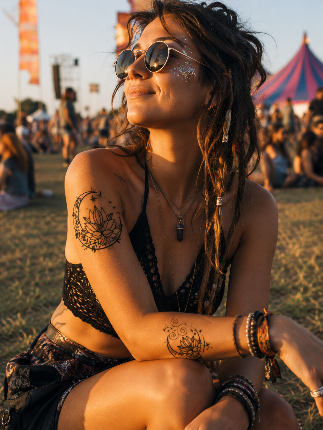 Smiling woman in sunglasses sitting outdoors at a festival, with tattooed arms and warm sunset light