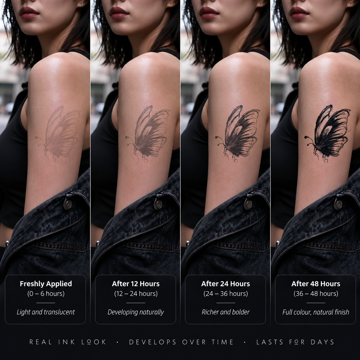 Skin tattoo progress collage showing a black rose design evolving over 4 days on an arm.