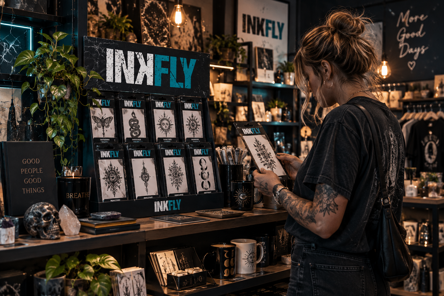 Inkfly earbuds display on a countertop with colorful boxed products in a retail setting