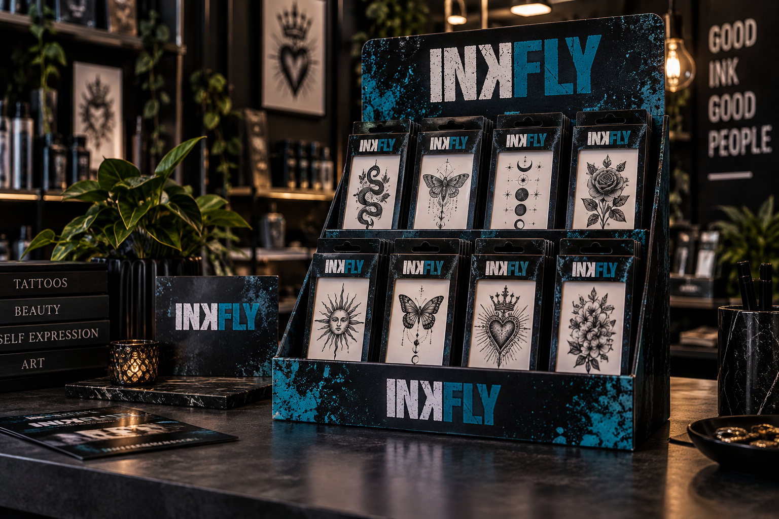 Inkfly display shelf with rows of colorful portrait prints in clear sleeves