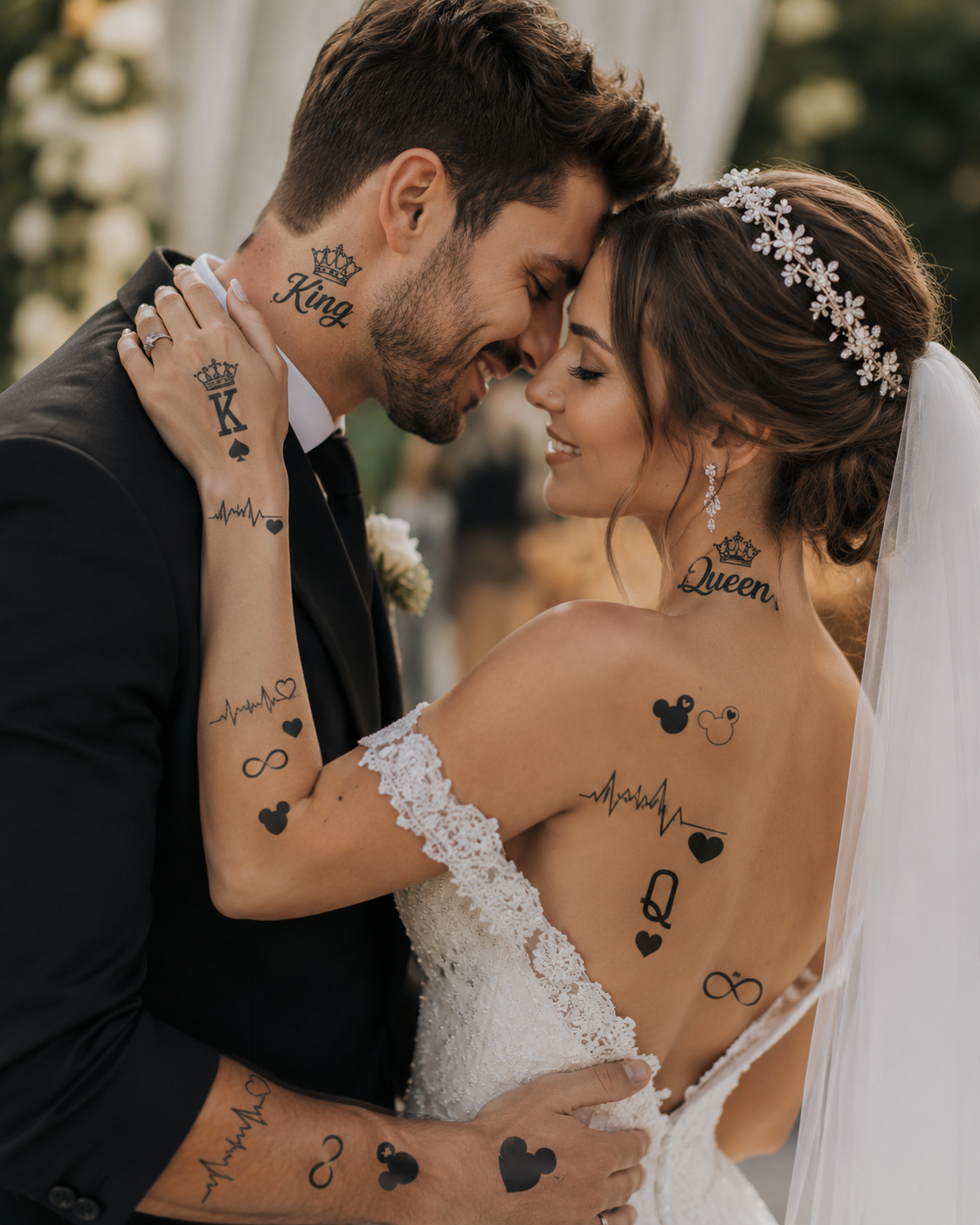 Bride and groom embracing nose-to-nose, wearing tattoo-adorned wedding attire outdoors