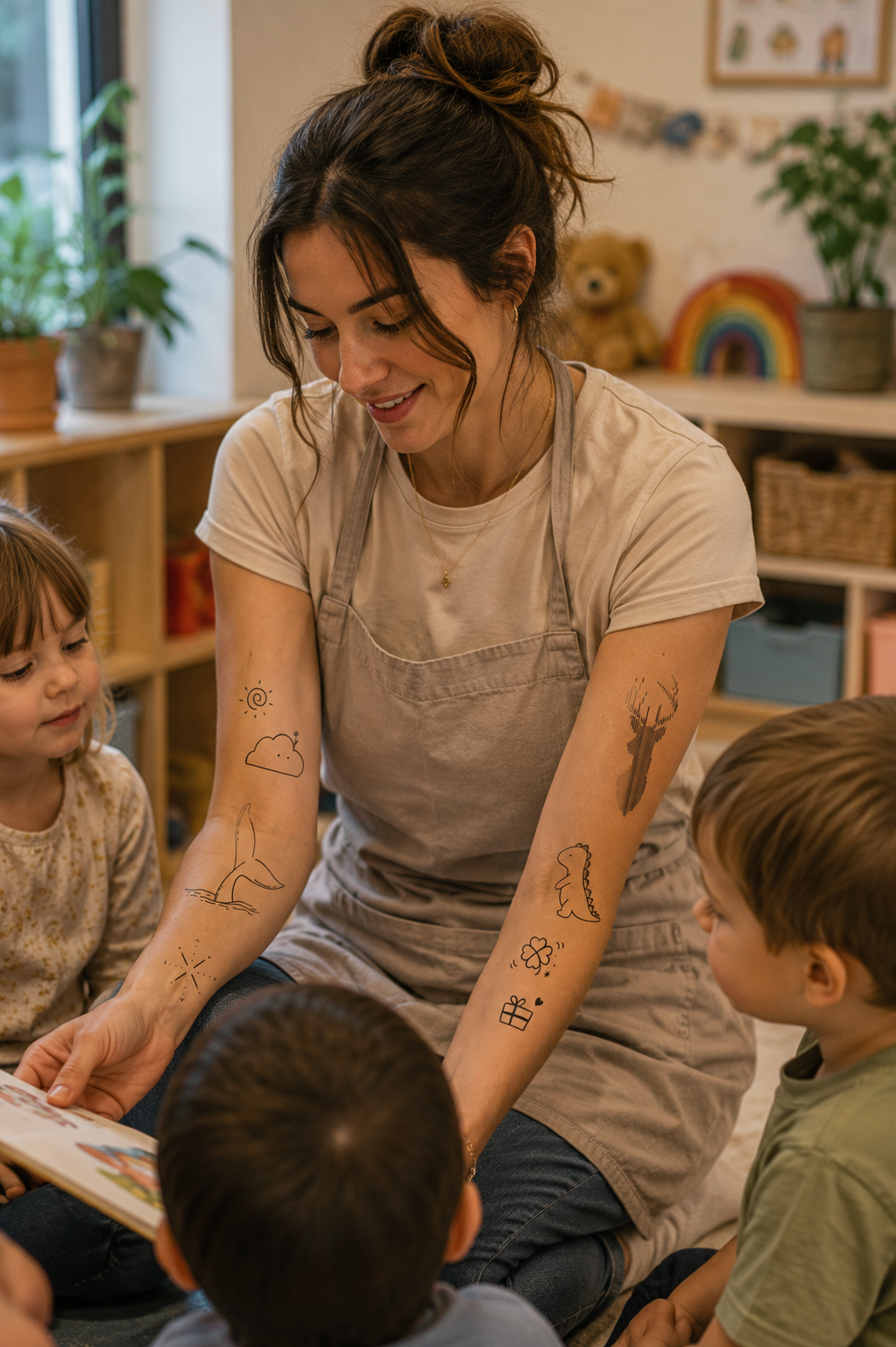 Teacher sitting on the floor reading to three children in a cozy classroom.