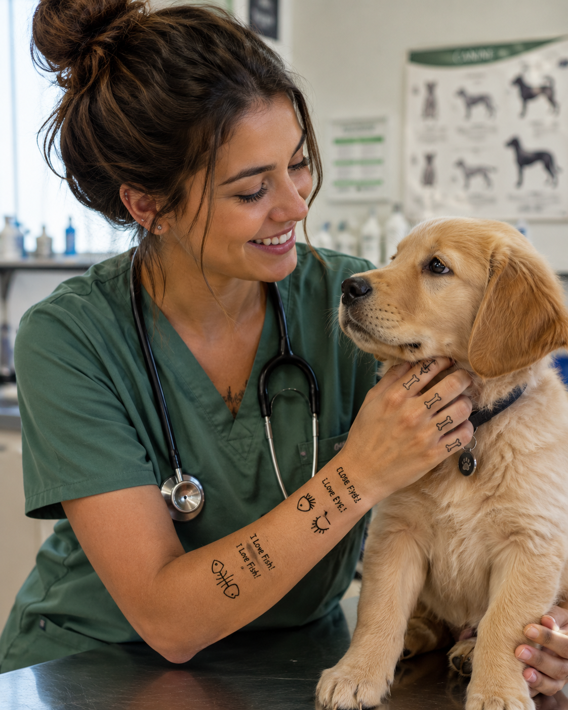 Veterinarian in green scrubs smiling at a golden retriever puppy in a clinic