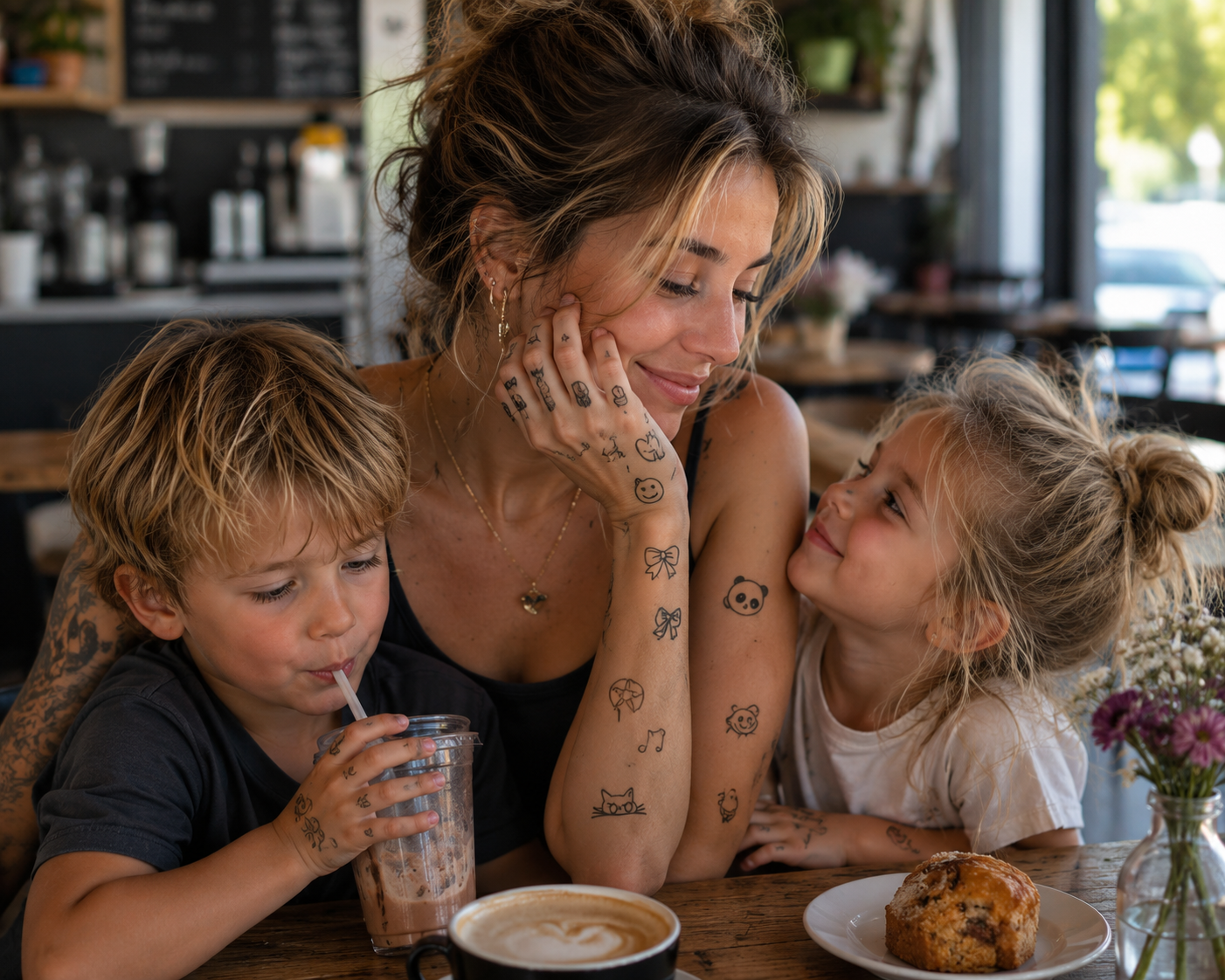 Three people at a café table, sharing drinks and pastries, with a woman smiling between two children.