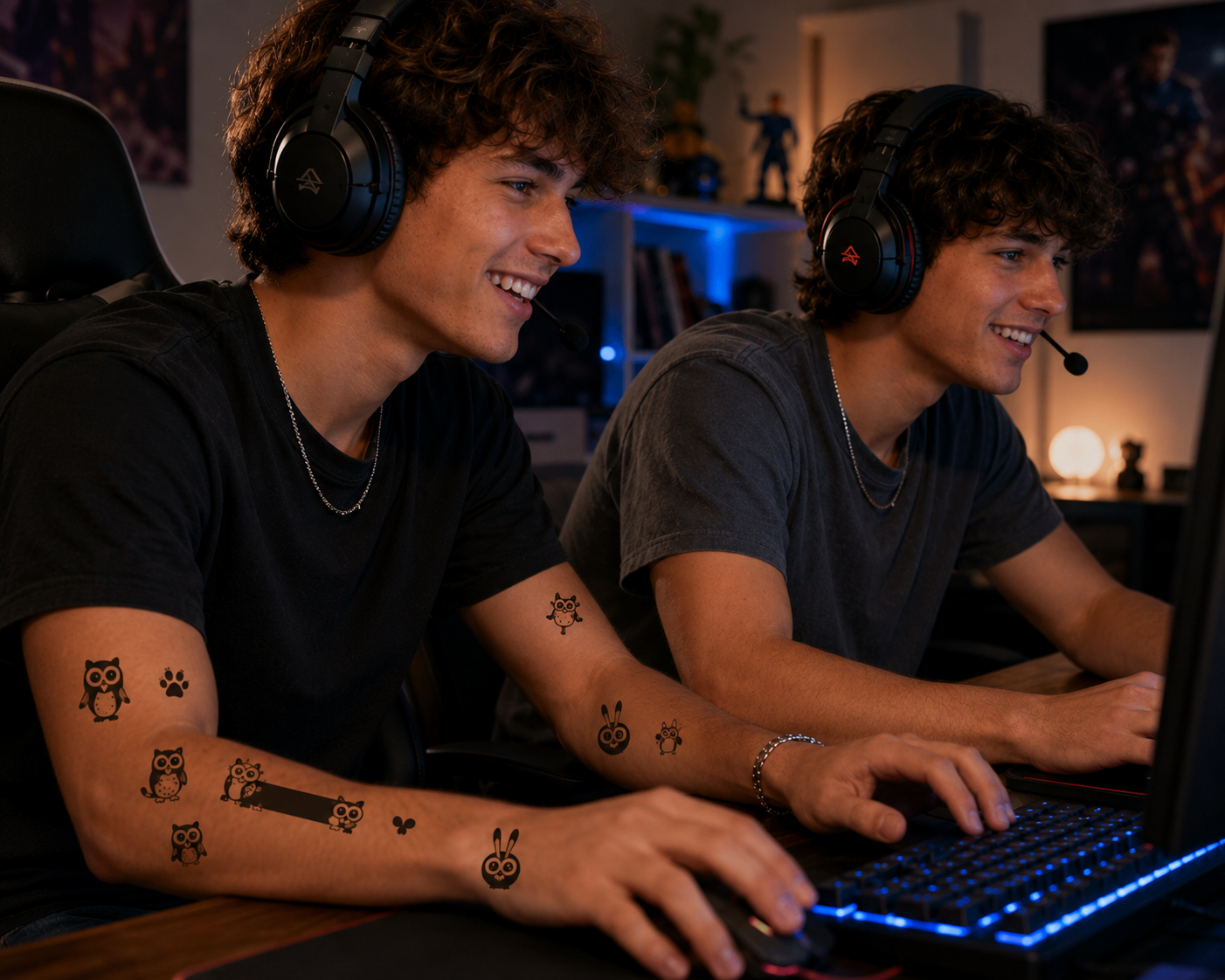 Two gamers wearing headsets smile while playing at a glowing keyboard in a dim room