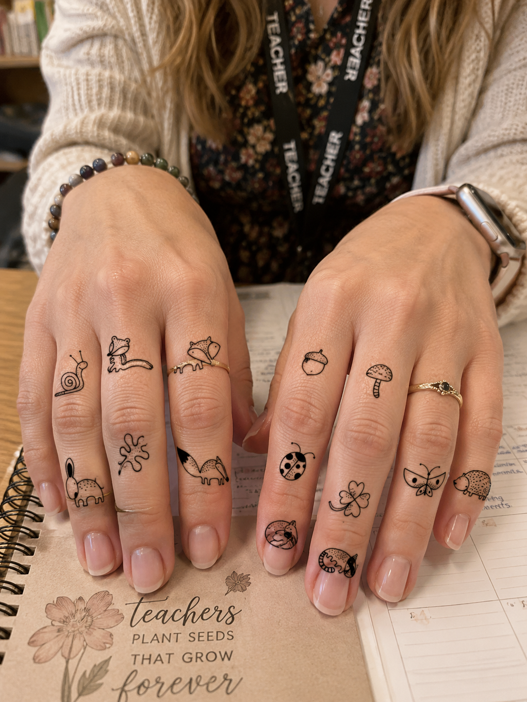 Hands with botanical and symbol tattoos over a notebook at a desk