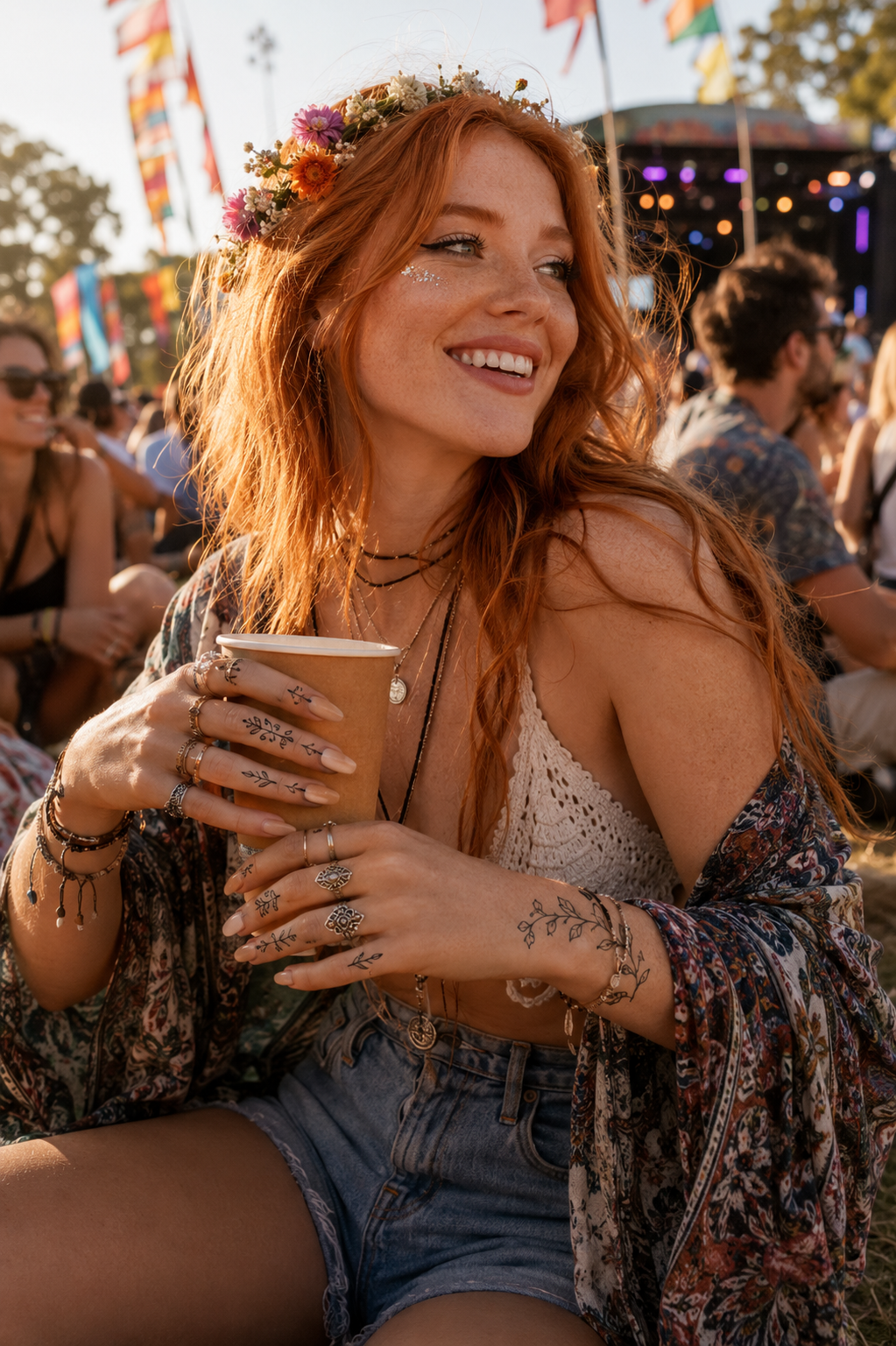 Smiling woman in a patterned top and denim shorts holding a drink at an outdoor festival